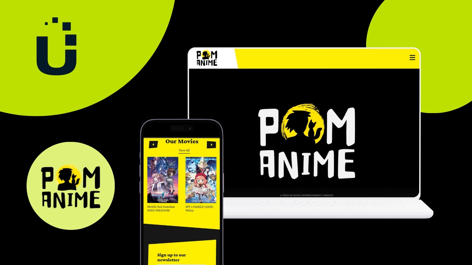 Image with a black background. The usheru logo is in the top left corner over a green circle. Below it is the Pom Anime logo, also in a green circle. To its right is an image of a computer and a phone showing the Pom Anime website.