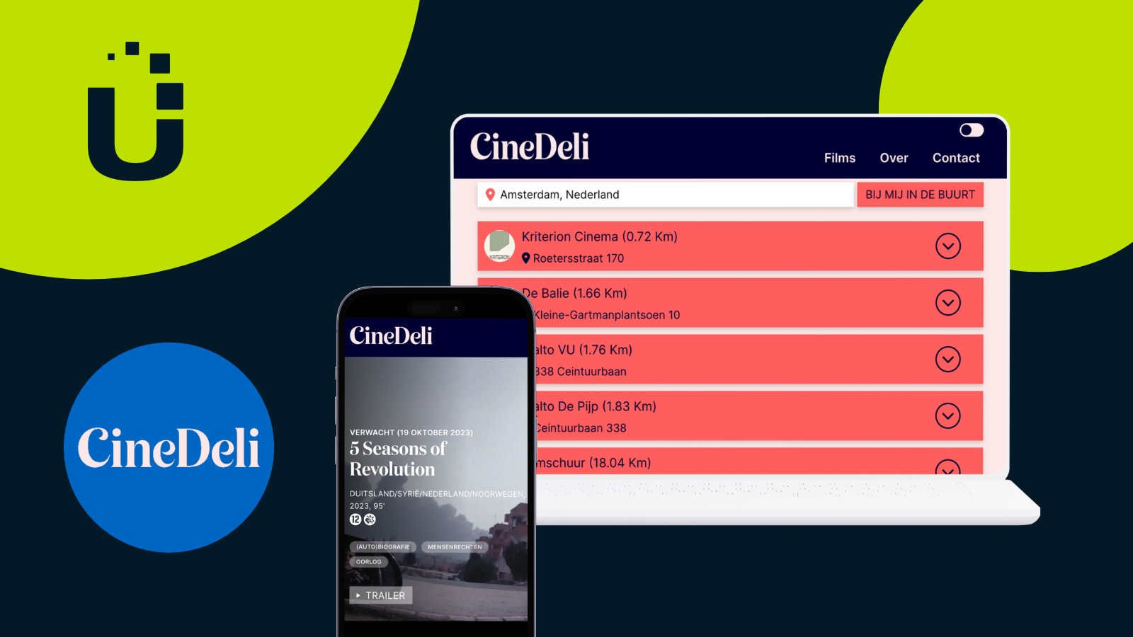 Image with a black background. The usheru logo is in the top left corner over a green circle. Below it is the CineDeli logo, also in a green circle. To its right is an image of a computer and a phone showing the CineDeli website.