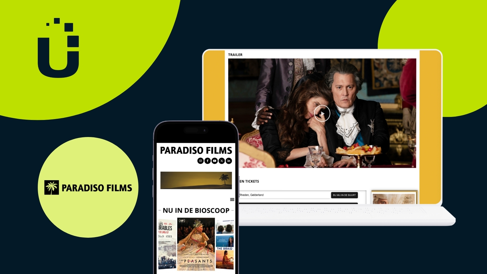 Image with a black background. The usheru logo is in the top left corner over a green circle. Below it is the Paradiso Films logo, also in a green circle. To its right is an image of a computer and a phone showing the Paradiso Films website.